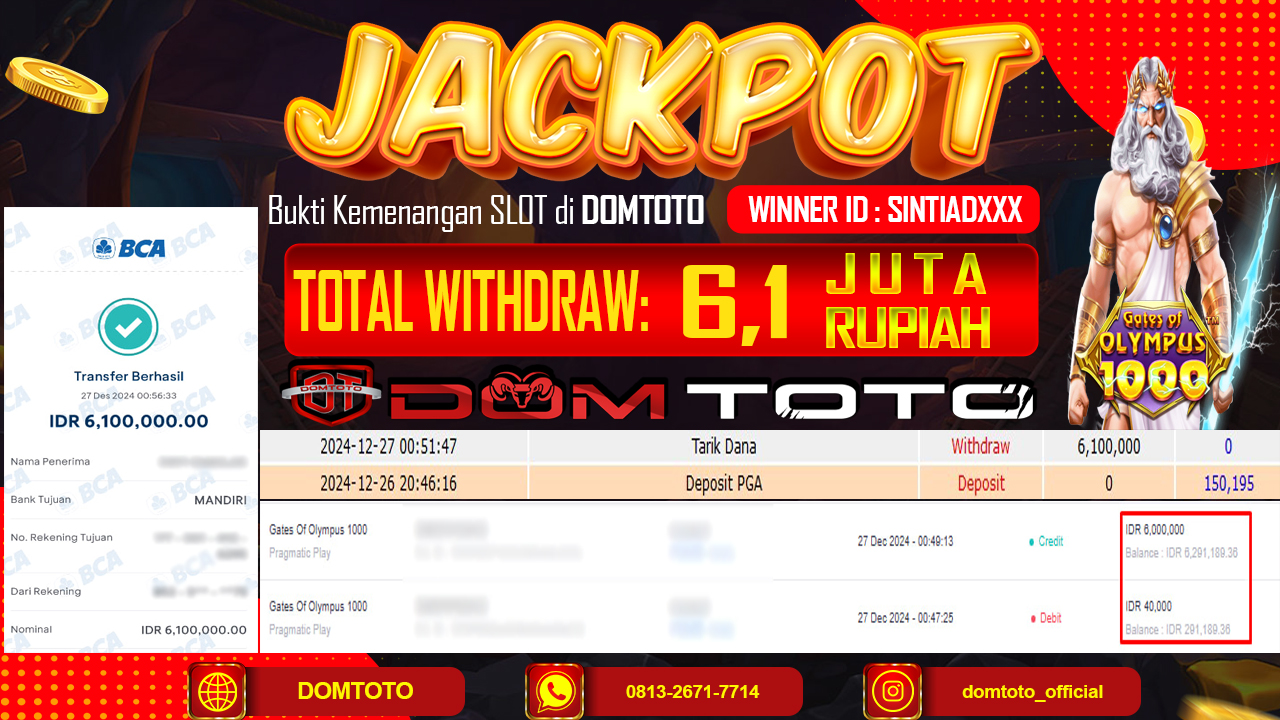 JACKPOT SLOT GATE OF OLYMPUS 1000 27 DESEMBER 2024